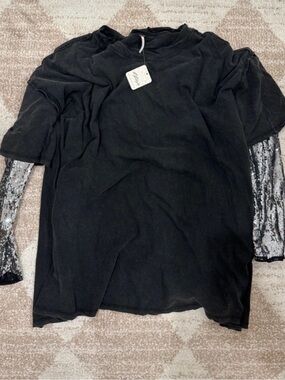 Free People Kids Black Layered-Look Short Sleeve Tee with Mesh Sleeves